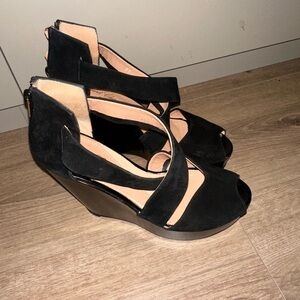 Robert Clergerie Black Suede Peep Toe Wedges Size 37